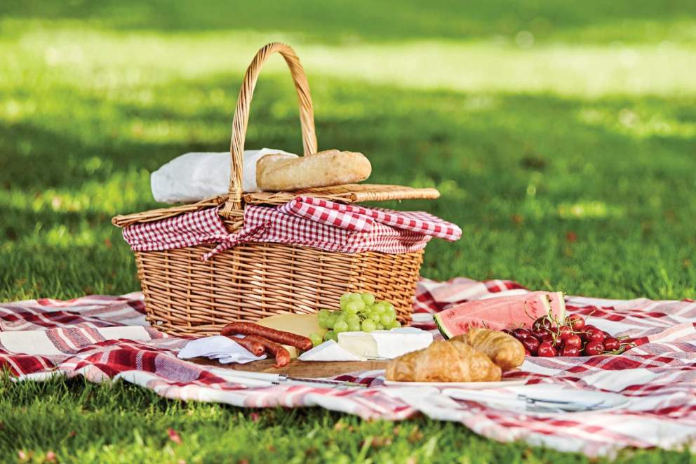 Picnic basket on grass Picnic basket on grass